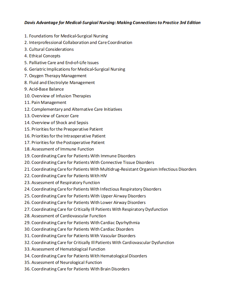 Test Bank Davis Advantage for Medical-Surgical Nursing: Making Connections to Practice 3rd Edition